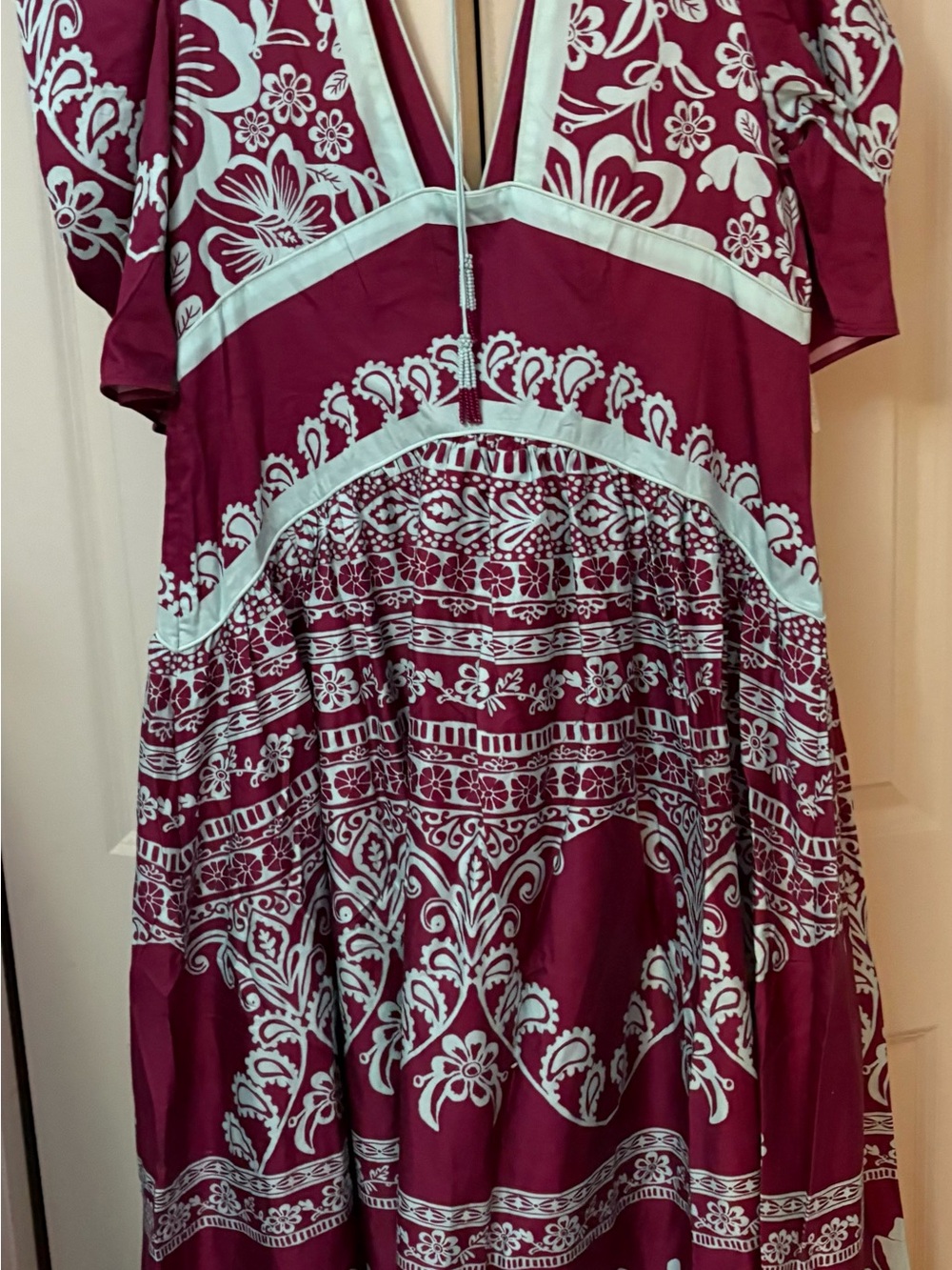 FARM Rio X Anthropologie Burgundy and Blue V-Neck Puff-Sleeve Midi/Maxi Dress - Picture 9 of 16